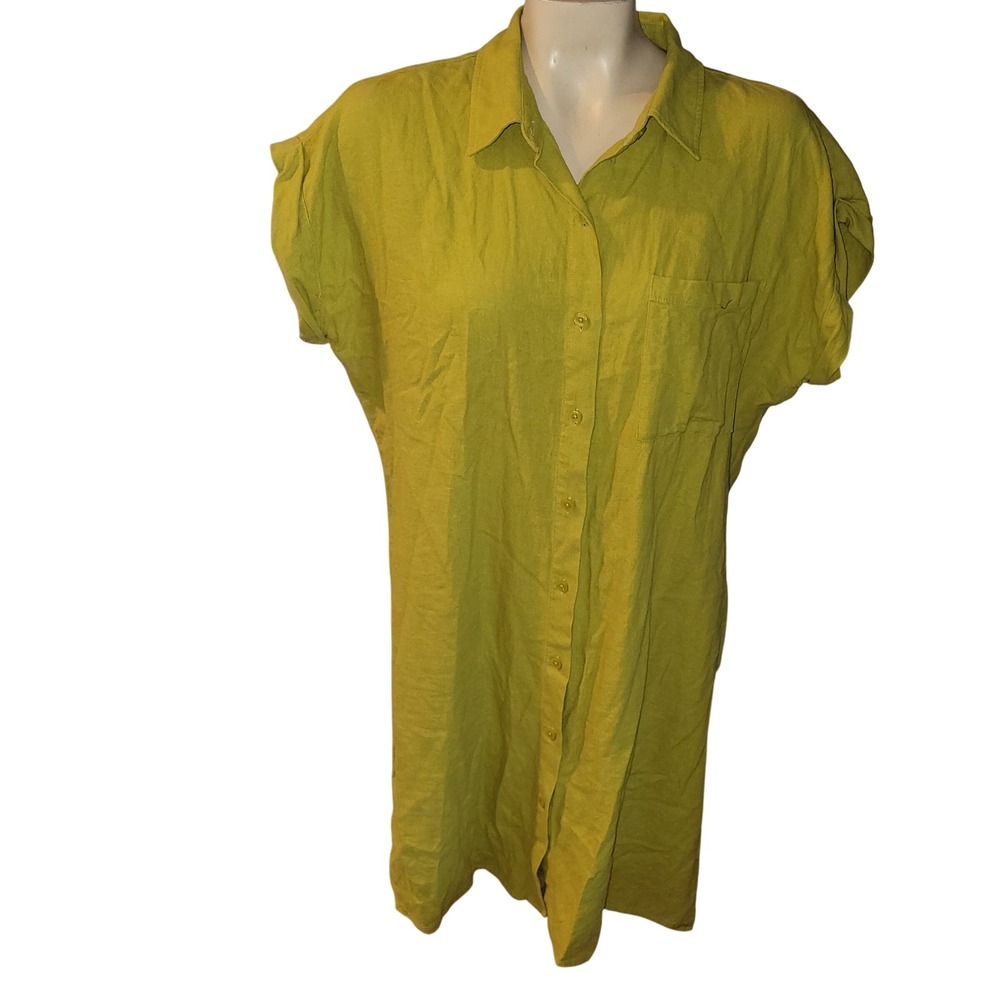 Calvin Klein Linen Blend Shirt Dress Maxi Chartreuse Collared Short Sleeve comfy